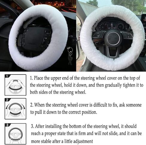 أغطية عجلة القيادة الزغبية للنساء مع سلسلة مفاتيح من الفراء بوم بوم فروي شتاء دافئ أنيق غطاء عجلة القيادة من الصوف الصناعي، ديكور سيارة مضاد للانزلاق يناسب معظم السيارات (أبيض) in Kuwait