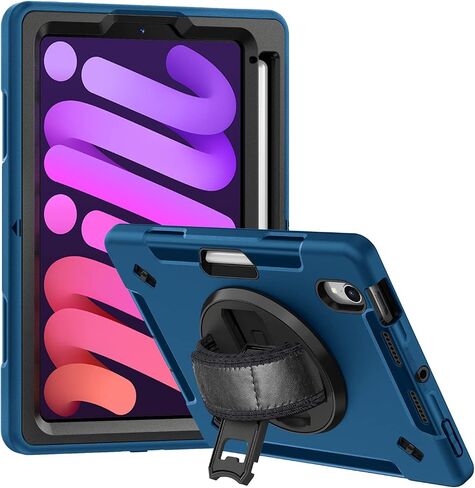 Case for iPad Mini 6 2021: Military Grade Shockproof TPU Protective Cover for Kids iPad Mini 6th Generation 8.3 Inch with Screen Protector- Stand + Handle + Shoulder Strap + Pencil Holder- Black in Kuwait