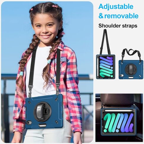 Case for iPad Mini 6 2021: Military Grade Shockproof TPU Protective Cover for Kids iPad Mini 6th Generation 8.3 Inch with Screen Protector- Stand + Handle + Shoulder Strap + Pencil Holder- Black in Kuwait