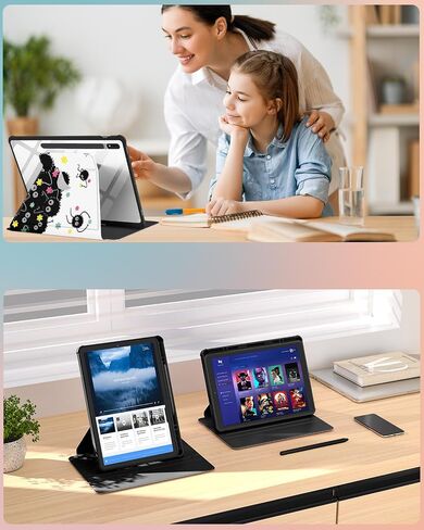 حافظة لهاتف سامسونج جالاكسي تاب S7 Fe/S7 Plus/S8 Plus مقاس 12.4 بوصة، غطاء فوليو حامل قلم رصاص للنساء والبنات اللطيفة ذات الزهرة السوداء بتصميم فريد من نوعه، جهاز لوحي دوار S8 Plus 2022/S7 Plus 2021/S7 FE 5G in Kuwait
