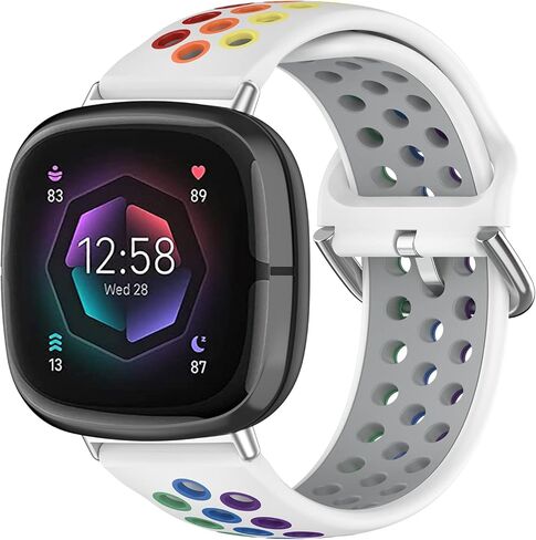 أربطة سيليكون متوافقة مع Sense/Sense 2Versa 3/Versa 4 للنساء والرجال، أساور معصم رياضية بديلة بأشرطة ناعمة (Sense/Sense 2/Versa 3/Versa 4، أبيض/قوس قزح) in Kuwait