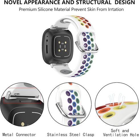 أربطة سيليكون متوافقة مع Sense/Sense 2Versa 3/Versa 4 للنساء والرجال، أساور معصم رياضية بديلة بأشرطة ناعمة (Sense/Sense 2/Versa 3/Versa 4، أبيض/قوس قزح) in Kuwait