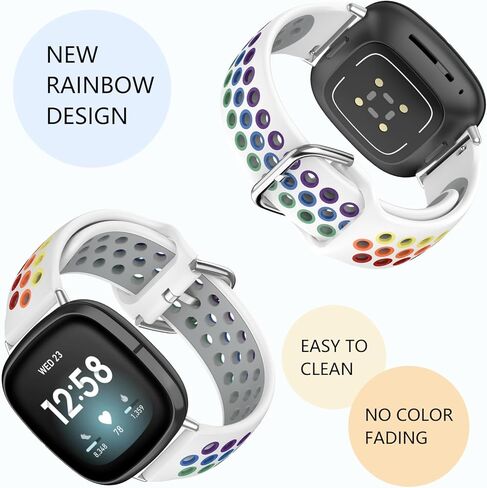 أربطة سيليكون متوافقة مع Sense/Sense 2Versa 3/Versa 4 للنساء والرجال، أساور معصم رياضية بديلة بأشرطة ناعمة (Sense/Sense 2/Versa 3/Versa 4، أبيض/قوس قزح) in Kuwait
