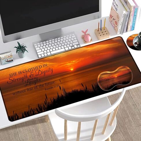 Desk Pad Gaming Mouse Pad + Wrist Rest Support Pad + Coaster, 31.5" × 11.8" Durable Non-Slip Extended Computer Mouse Pad, Suitable for Office and Home, Bible Verse Phil 4-13 in Saudi Arabia