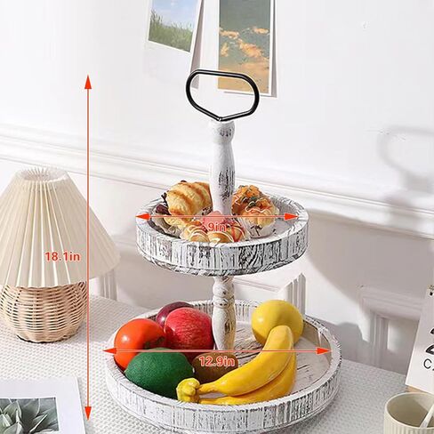 حامل صينية خشبية بطبقتين من المزرعة، صينية خشبية ريفية بطبقتين مع مقبض معدني لتزيين المنزل والمطبخ والعطلات الموسمية (أبيض متعثر) in Kuwait