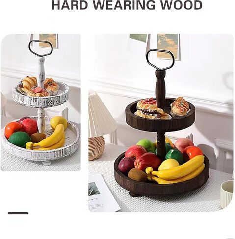 حامل صينية خشبية بطبقتين من المزرعة، صينية خشبية ريفية بطبقتين مع مقبض معدني لتزيين المنزل والمطبخ والعطلات الموسمية (أبيض متعثر) in Kuwait