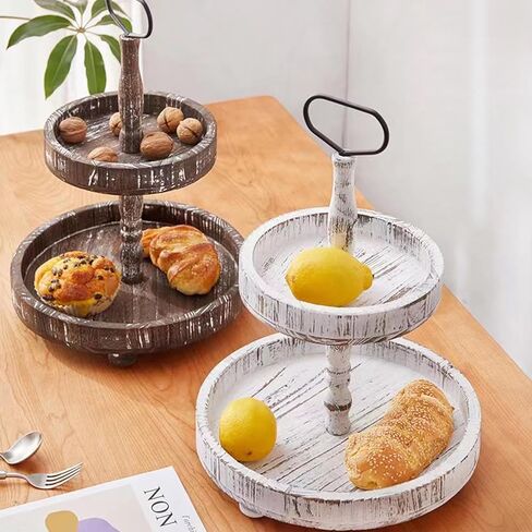 حامل صينية خشبية بطبقتين من المزرعة، صينية خشبية ريفية بطبقتين مع مقبض معدني لتزيين المنزل والمطبخ والعطلات الموسمية (أبيض متعثر) in Kuwait