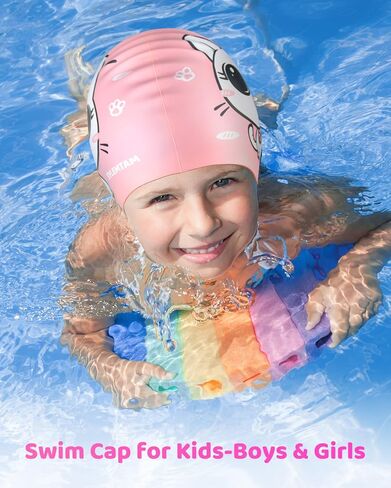 قبعة سباحة للأطفال لعمر 6-12 سنة، قبعة سباحة من السيليكون للأطفال، قبعات سباحة للأطفال مقاومة للماء للشعر الطويل والبنات والأولاد، قبعة سباحة مريحة للأطفال للحفاظ على جفاف الشعر in Kuwait
