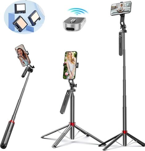 Selfie Stick Tripod for iPhone Stand for Video Recording,53 Inch Selfie Light for iPhone with Light,360 Degree Adjustable Quadripod for Cell Phone Gopro with Remote Aluminium Black in Saudi Arabia
