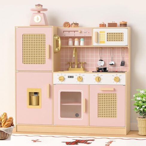 Wooden Kitchen Playset for Kids - Pink Pretend Play Kitchen with Lights & Sounds, Retro Style Toy Kitchen for Toddlers Ages 3+, Wooden Play Kitchen Set with Realistic Design (Pink) in Saudi Arabia