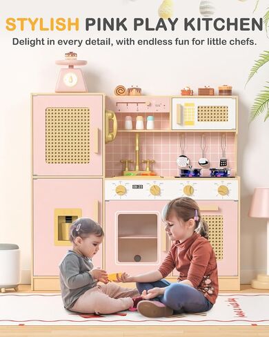 Wooden Kitchen Playset for Kids - Pink Pretend Play Kitchen with Lights & Sounds, Retro Style Toy Kitchen for Toddlers Ages 3+, Wooden Play Kitchen Set with Realistic Design (Pink) in Saudi Arabia