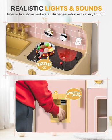 Wooden Kitchen Playset for Kids - Pink Pretend Play Kitchen with Lights & Sounds, Retro Style Toy Kitchen for Toddlers Ages 3+, Wooden Play Kitchen Set with Realistic Design (Pink) in Saudi Arabia
