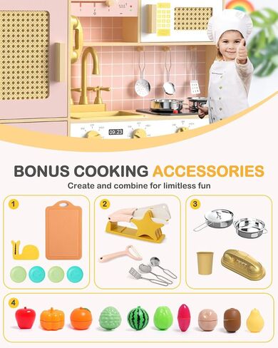 Wooden Kitchen Playset for Kids - Pink Pretend Play Kitchen with Lights & Sounds, Retro Style Toy Kitchen for Toddlers Ages 3+, Wooden Play Kitchen Set with Realistic Design (Pink) in Saudi Arabia