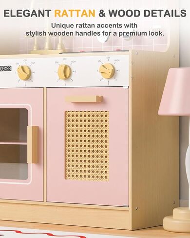 Wooden Kitchen Playset for Kids - Pink Pretend Play Kitchen with Lights & Sounds, Retro Style Toy Kitchen for Toddlers Ages 3+, Wooden Play Kitchen Set with Realistic Design (Pink) in Saudi Arabia