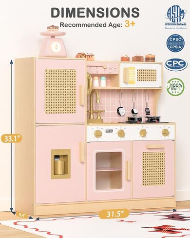 Wooden Kitchen Playset for Kids - Pink Pretend Play Kitchen with Lights & Sounds, Retro Style Toy Kitchen for Toddlers Ages 3+, Wooden Play Kitchen Set with Realistic Design (Pink) in Saudi Arabia