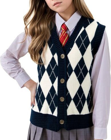 Kids Preppy Knit Sweater Vest Button Down V Neck Sleeveless Classic Check Plaid Argyle Vests for Toddler Girls Boys in Saudi Arabia