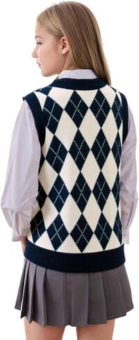 Kids Preppy Knit Sweater Vest Button Down V Neck Sleeveless Classic Check Plaid Argyle Vests for Toddler Girls Boys in Saudi Arabia