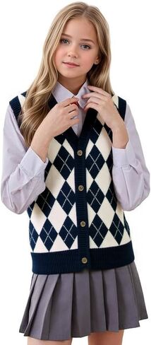Kids Preppy Knit Sweater Vest Button Down V Neck Sleeveless Classic Check Plaid Argyle Vests for Toddler Girls Boys in Saudi Arabia