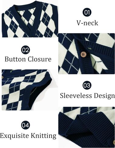 Kids Preppy Knit Sweater Vest Button Down V Neck Sleeveless Classic Check Plaid Argyle Vests for Toddler Girls Boys in Saudi Arabia