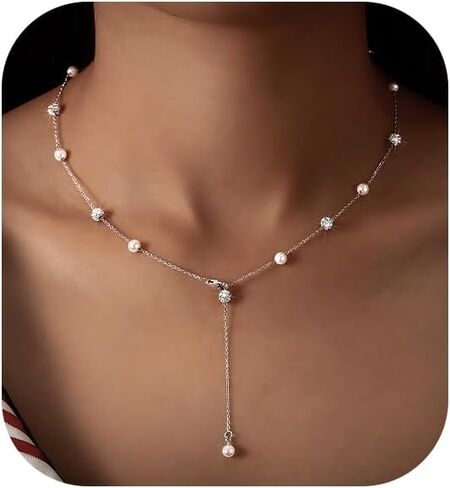 UTISUVIKO Pearl Necklace for Women, 925 Sterling Silver Pearl Drop Y shaped Necklace with Cubic Zirconia Crystal Ball Sparkle Necklace for Brides Adjustable Silver Wedding Necklace for Mother's Day Jewelry Gifts in Saudi Arabia