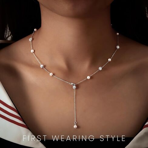 UTISUVIKO Pearl Necklace for Women, 925 Sterling Silver Pearl Drop Y shaped Necklace with Cubic Zirconia Crystal Ball Sparkle Necklace for Brides Adjustable Silver Wedding Necklace for Mother's Day Jewelry Gifts in Saudi Arabia