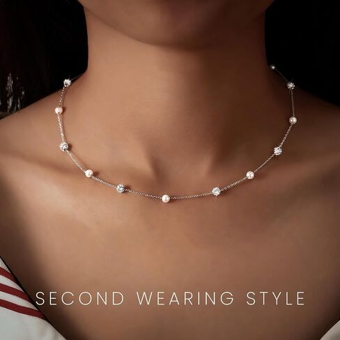UTISUVIKO Pearl Necklace for Women, 925 Sterling Silver Pearl Drop Y shaped Necklace with Cubic Zirconia Crystal Ball Sparkle Necklace for Brides Adjustable Silver Wedding Necklace for Mother's Day Jewelry Gifts in Saudi Arabia