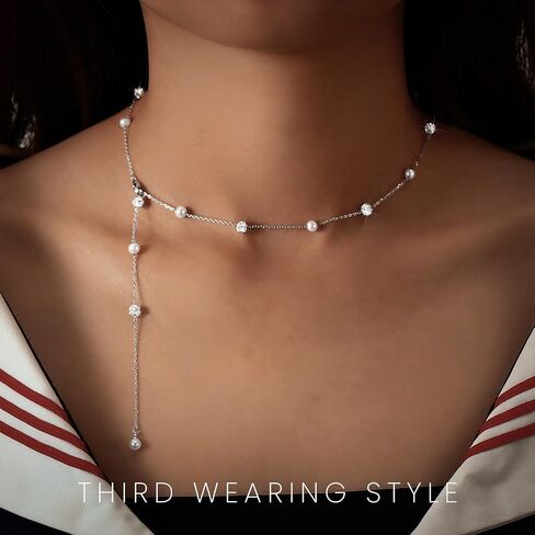 UTISUVIKO Pearl Necklace for Women, 925 Sterling Silver Pearl Drop Y shaped Necklace with Cubic Zirconia Crystal Ball Sparkle Necklace for Brides Adjustable Silver Wedding Necklace for Mother's Day Jewelry Gifts in Saudi Arabia