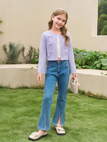 فتيات هالومونينغ اقتصاص كارديجان سترة الأطفال لطيف القوس الأكمام طويلة الأكمام سترات محبوكة قمم 5-14 سنة in Kuwait