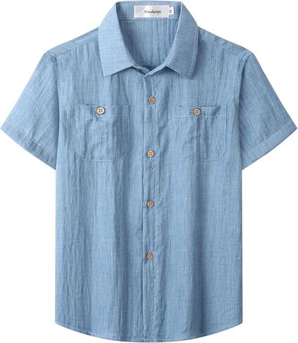 Boys Chambray Button Down Shirt Short Sleeve Summer Casual Cotton Woven Kids Fashion Clothes with Pocket in Saudi Arabia
