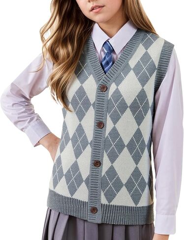 Kids Preppy Knit Sweater Vest Button Down V Neck Sleeveless Classic Check Plaid Argyle Vests for Toddler Girls Boys in Saudi Arabia