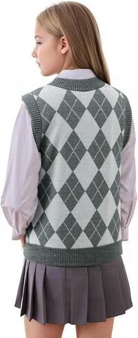 Kids Preppy Knit Sweater Vest Button Down V Neck Sleeveless Classic Check Plaid Argyle Vests for Toddler Girls Boys in Saudi Arabia