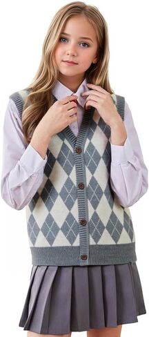 Kids Preppy Knit Sweater Vest Button Down V Neck Sleeveless Classic Check Plaid Argyle Vests for Toddler Girls Boys in Saudi Arabia