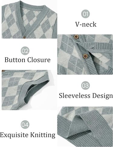 Kids Preppy Knit Sweater Vest Button Down V Neck Sleeveless Classic Check Plaid Argyle Vests for Toddler Girls Boys in Saudi Arabia