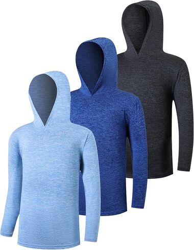 3 Pack Kids Quick-Dry Long Sleeve Hoodie Sweatshirts Boys Athletic Pullover Shirts for Everyday Wear and Sports in Kuwait