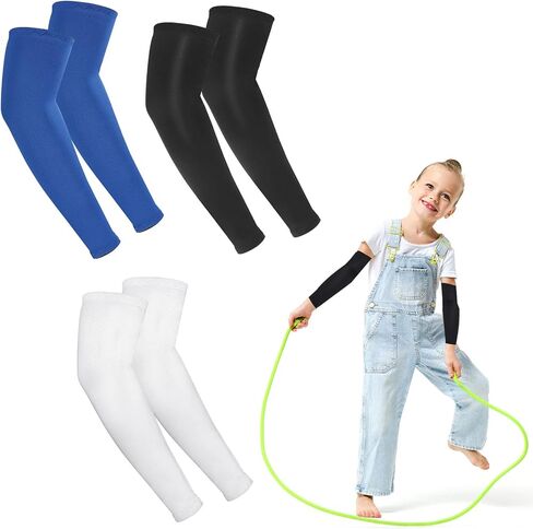 3 Pairs Kids Arm Sleeves, Sun Protection Arm Sleeves for Men Women Outdoor Sport Breathable Elastic Ice Sleeve Compression Cooling Sleeves for Youth Boys Girls Sports(Black+White+Blue) in Saudi Arabia