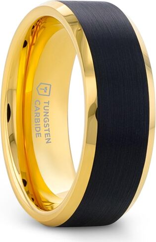 Gaston Gold-Plated Tungsten Carbide Mens Wedding Ring – Flat Black Matte Brushed Inlay with Comfort Fit – Durable, Elegant Mens Wedding Band or Engagement Ring in Saudi Arabia