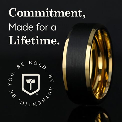 Gaston Gold-Plated Tungsten Carbide Mens Wedding Ring – Flat Black Matte Brushed Inlay with Comfort Fit – Durable, Elegant Mens Wedding Band or Engagement Ring in Saudi Arabia