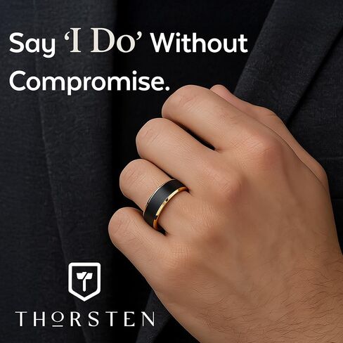 Gaston Gold-Plated Tungsten Carbide Mens Wedding Ring – Flat Black Matte Brushed Inlay with Comfort Fit – Durable, Elegant Mens Wedding Band or Engagement Ring in Saudi Arabia