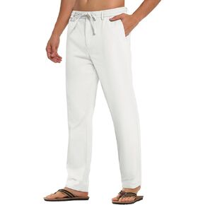 Plepan Mens Linen Pants مرنة الخصر الرباطية اللباس اللباس اللباس السراويل الصيفية شاطئ بنطلون خفيف الوزن in Saudi Arabia