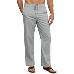 Mens Linen Pants Casual Linen Dress Pants Drawstring Summer Beach Lightweight Trousers with 4 Pockets in Kuwait