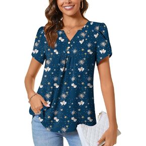 CATHY Women's Fashion Clothes Petal Short Sleeve Tunic Tops Dressy Summer Blouses V-Neck Button Cute Shirts, L, Floret White in Kuwait