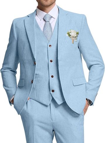 High-End Suits Retro Linen Suit for Men Casual Wedding Suit for Men Slim Fit 3 Pieces Jacket Blazer Vest Pant Groom Tuxedo in Saudi Arabia