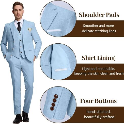 High-End Suits Retro Linen Suit for Men Casual Wedding Suit for Men Slim Fit 3 Pieces Jacket Blazer Vest Pant Groom Tuxedo in Saudi Arabia