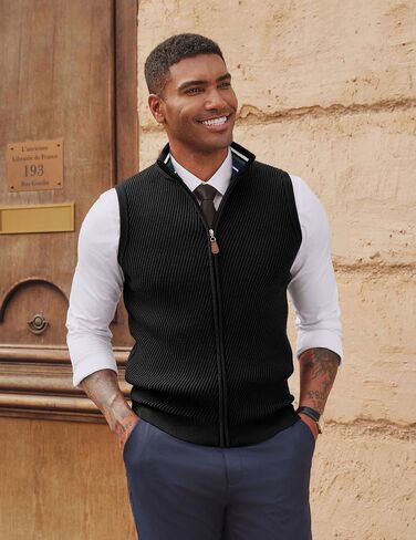 PJ PAUL JONES Men's Sweater Vests Slim Fit Twill Textured Full Zip Sleeveless Vests Casual Outwear in Saudi Arabia