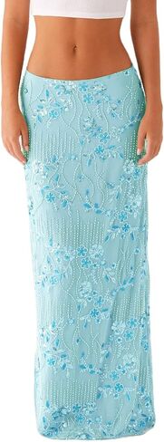 Women Y2k Sequin Long Skirt Sparkly Beaded Floral Maxi Skirt Rhinestone Glitter Midi Skirt Streetwear in Saudi Arabia