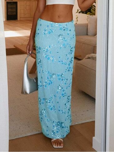 Women Y2k Sequin Long Skirt Sparkly Beaded Floral Maxi Skirt Rhinestone Glitter Midi Skirt Streetwear in Saudi Arabia