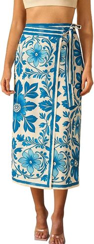 Womens Floral Wrap Midi Skirt Summer Adjustable Tie Side Casual High Waist A Line Beach Boho Long Flared Skirts in Kuwait