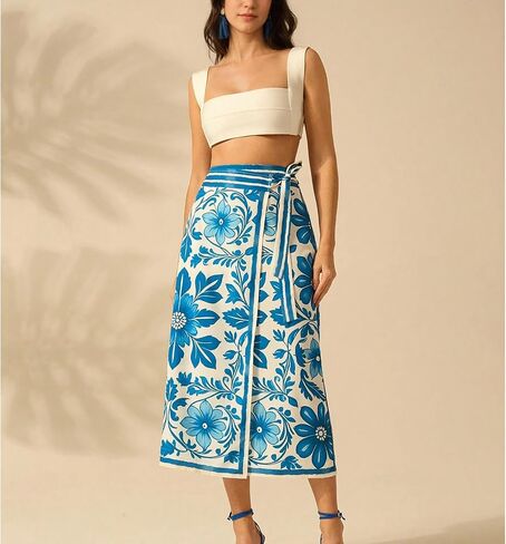 Womens Floral Wrap Midi Skirt Summer Adjustable Tie Side Casual High Waist A Line Beach Boho Long Flared Skirts in Kuwait