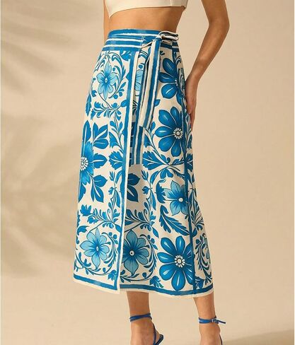 Womens Floral Wrap Midi Skirt Summer Adjustable Tie Side Casual High Waist A Line Beach Boho Long Flared Skirts in Kuwait