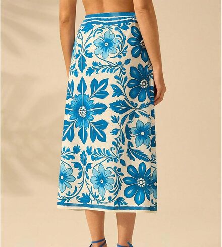 Womens Floral Wrap Midi Skirt Summer Adjustable Tie Side Casual High Waist A Line Beach Boho Long Flared Skirts in Kuwait